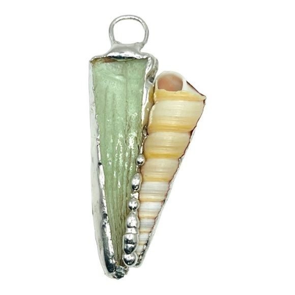 Sea Glass & Conch Pendant w/ Artisan Silver Blend Metalwork & Freshwater Pearls - Picture 3 of 13
